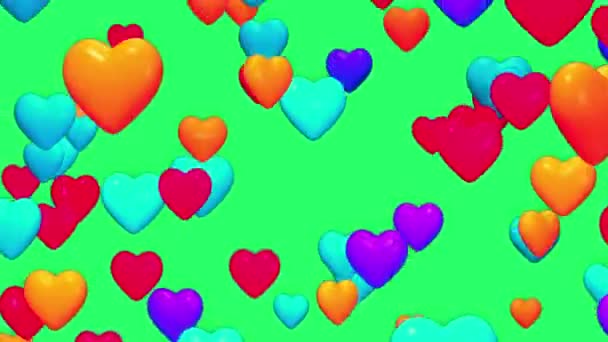 Анімація Барвиста Форма Серця Плаває Ізольовано Зеленому Екрані — стокове відео
