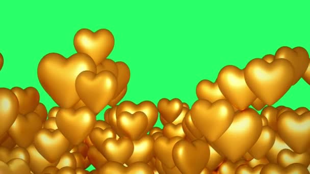 Animation Golden Heart Shape Floating Isolate Green Screen — 비디오