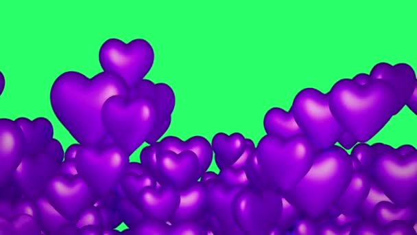 Animation Purple Heart Shape Floating Isolate Green Screen — Stockvideo