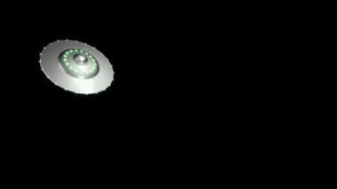 Animation UFO and Alien with green light isolate on black background.
