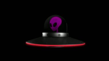 Animation UFO and Alien with red light isolate on black background.