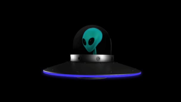 Animacja Ufo Obcy Niebieskim Światłem Izolat Czarnym Tle — Wideo stockowe