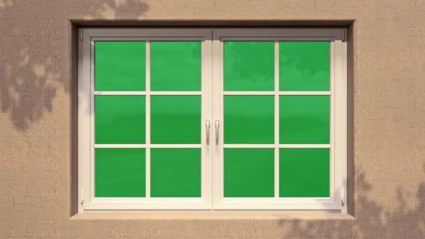 Animacja Białe Okno Otwarte Pomarańczowej Ścianie Zielonym Ekranem — Wideo stockowe