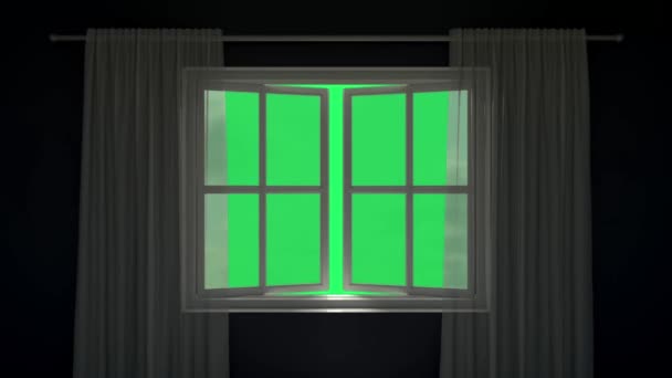 Animacja Białe Okno Otwarte Białej Ścianie Zielonym Ekranem — Wideo stockowe