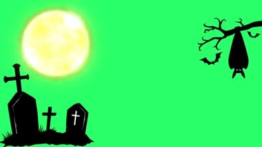 Animasyon kara mezar ve yeşil arka planda sarı ay ile uçan kara yarasalar..