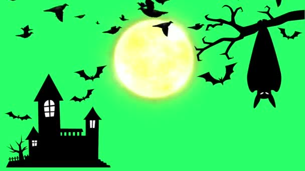 Animación Castillo Negro Murciélagos Negros Volando Con Luna Amarilla Sobre — Vídeos de Stock