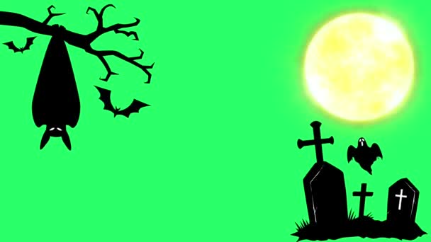 Анімація Чорна Могила Чорні Кажани Літають Жовтим Місяцем Зеленому Фоні — стокове відео