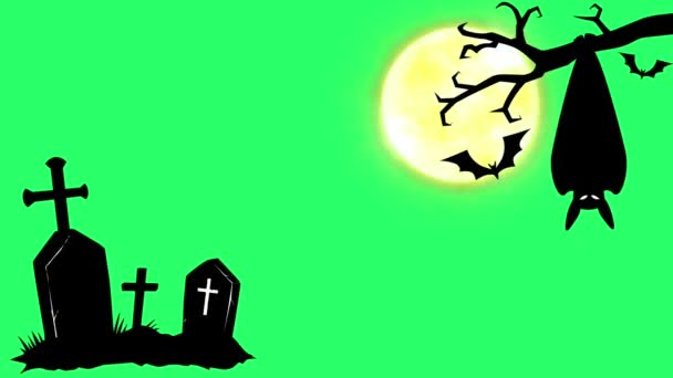 Animacja Czarny Grób Czarne Nietoperze Latające Żółtym Księżycem Zielonym Tle — Wideo stockowe