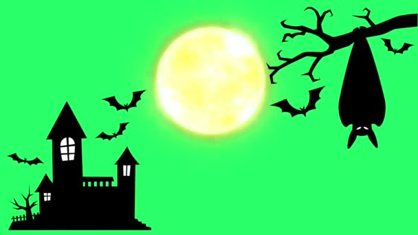 Анімація Чорний Замок Чорні Кажани Літають Жовтим Місяцем Зеленому Фоні — стокове відео