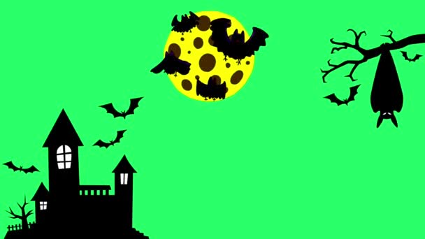 Animation Black Grave Black Bats Flying Yellow Moon Green Background — Stock Video