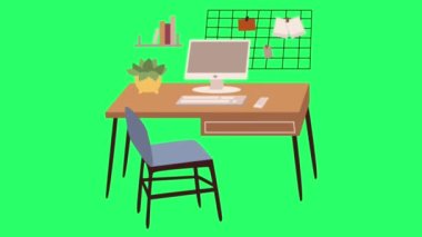 Yeşil arkaplanda animasyon koltuğu ve masa iç modeli.