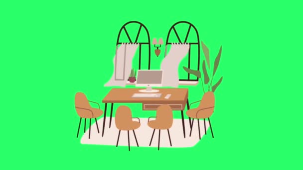 Анимационный Стул Макет Салона Стола Зеленом Фоне — стоковое видео