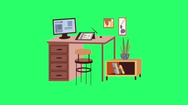 Sedia Animata Tavolo Modello Interno Sfondo Verde — Video Stock