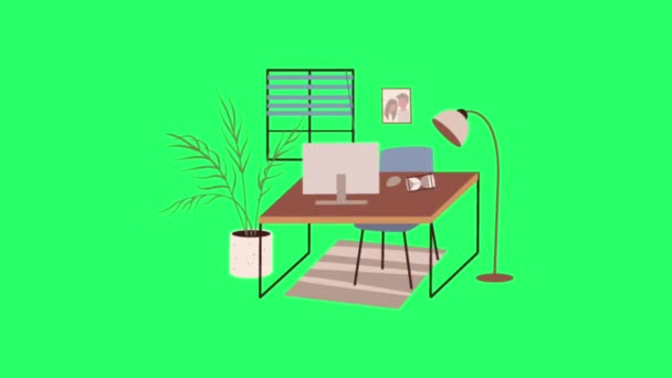 アニメーションチェアとテーブルインテリアのモックアップグリーンバック — ストック動画