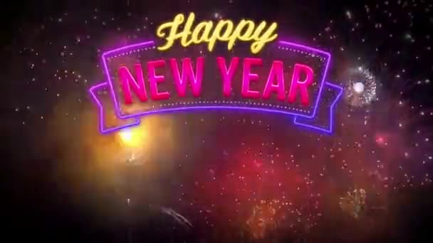 Animatie Kleurrijke Tekst Happy New Year Met Realistische Kleurrijke Vuurwerk — Stockvideo