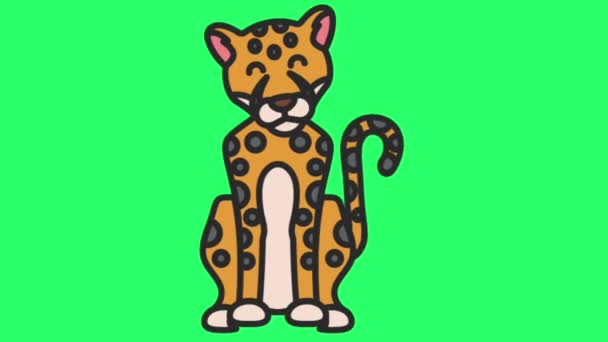 Κινούμενη Λεοπάρδαλη Κάθεται Πράσινο Φόντο — Αρχείο Βίντεο