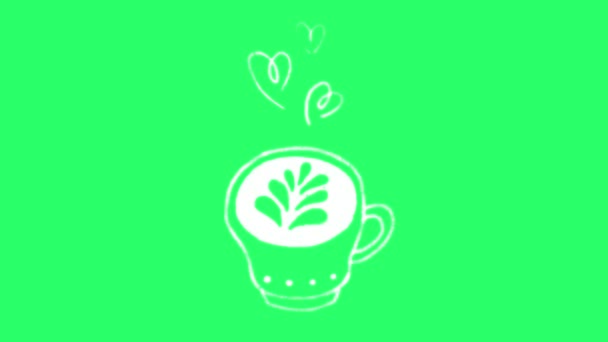 Animación Líneas Blancas Forma Taza Café Sobre Fondo Verde — Vídeo de stock