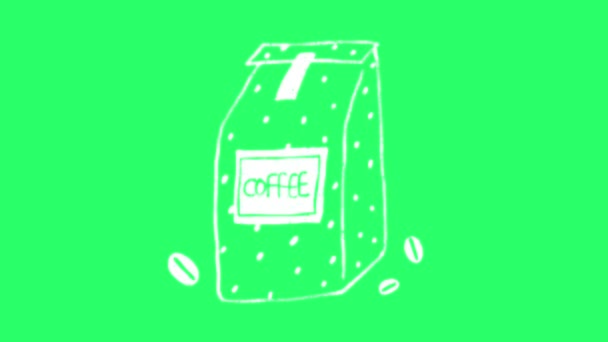 Animace Bílá Jednoduché Čáry Tvar Kávové Zrno Balení Taška Zeleném — Stock video