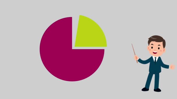 Animation Färgglada Cirkel Diagram Med Affärsman Stående Presentation Grå Bakgrund — Stockvideo