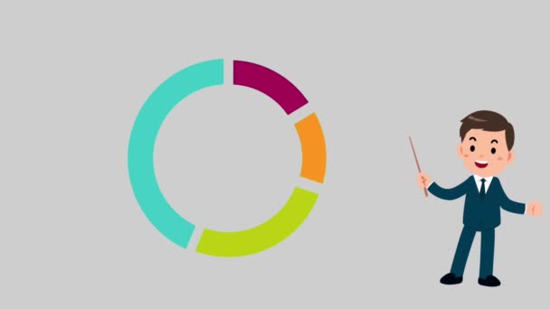 Animation Färgglada Cirkel Diagram Med Affärsman Stående Presentation Grå Bakgrund — Stockvideo