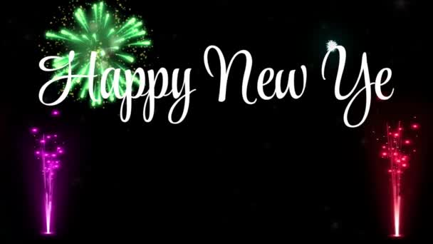 Animacja Biały Tekst Szczęśliwego Nowego Roku Kolorowymi Fajerwerkami Czarnym Tle — Wideo stockowe