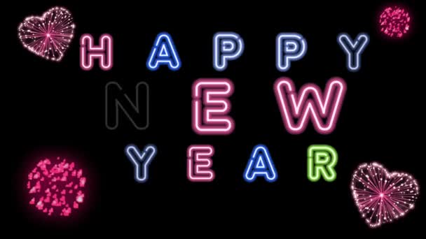 Animated Colorful Text Neon Light Happy New Year Fireworks Black — Stock Video