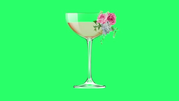 Realistisch Whiskey Glas Met Roze Roos Groene Achtergrond — Stockvideo