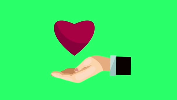 Mão Animação Com Coração Vermelho Isolado Fundo Verde — Vídeo de Stock