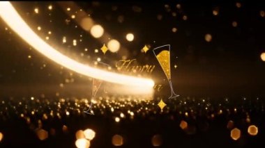 Animasyon Altın Metin Turuncu ışık huzmesi ve altın parçacıkları parlak arkaplanlı Mutlu Yıllar.