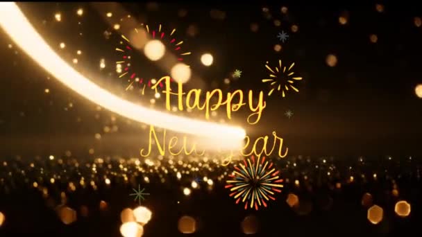 动画黄金文字Happy新年与橙色光束和金色粒子闪亮的背景 — 图库视频影像