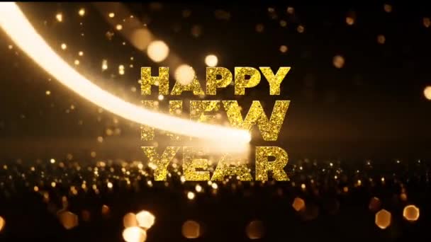 Animacja Złoty Tekst Happy New Year Pomarańczową Wiązką Światła Złotymi — Wideo stockowe