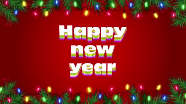 设计圣诞或新年模板时 在红色背景下的动漫彩色文字祝新年快乐 — 图库视频影像