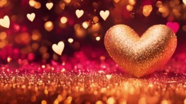 Sevgililer Günü arkaplanı için altın ve kırmızı ışıltılı parçacıklar içeren animasyon altın kalp şekli.