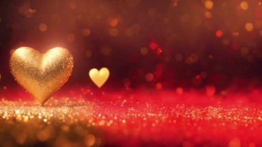Sevgililer Günü arkaplanı için altın ve kırmızı ışıltılı parçacıklar içeren animasyon altın kalp şekli.