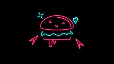 Siyah arkaplanda renkli neon ışıklı burger şekli.