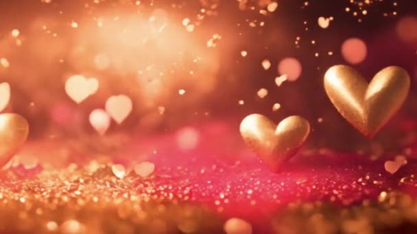 装飾のバレンタインデーの背景のための金および赤い輝く粒子が付いている動物の黄金の心の形 — ストック動画