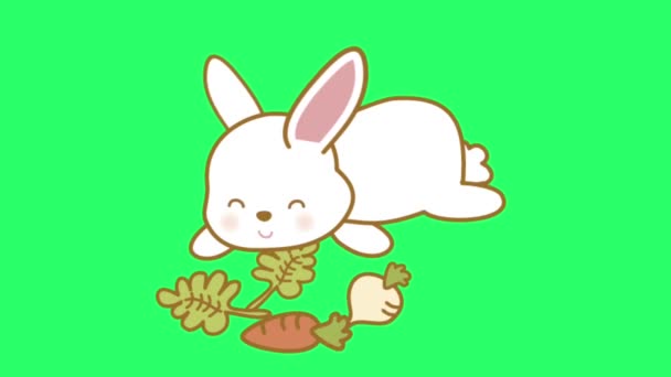 Анимация Белый Милый Кролик Зеленом Фоне — стоковое видео