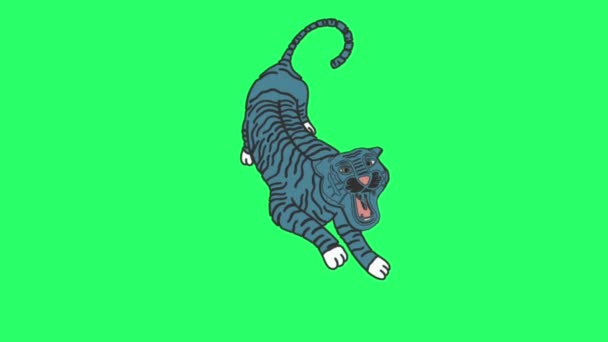 Animation Blaues Tiger Tattoo Auf Grünem Hintergrund — Stockvideo