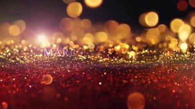 Animasyon metni Neşeli Noel ve Mutlu Yıllar Donanma kırmızı zemininde altın ışık parçacıkları ile bokeh.