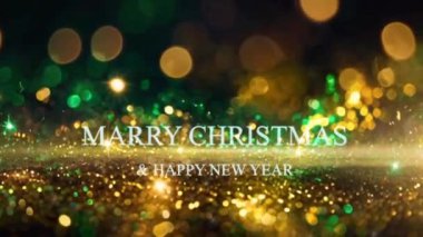 Animasyon metni Neşeli Noel ve Mutlu Yeni Yıl Donanma yeşil arka planında altın ışık parçacıkları ile bokeh.