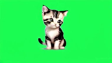 Yeşil ekranda oturan sevimli kedi animasyonu.