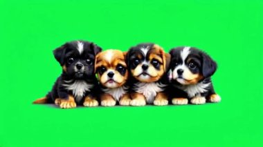 Yeşil arka planda oturan animasyon grubu köpek yavrusu.