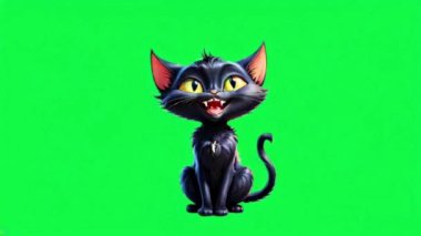 Yeşil ekranda oturan animasyon kara kedi.
