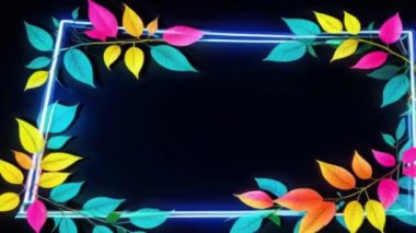 Siyah arka planda renkli yaprakları olan animasyon mavisi neon çerçeve.