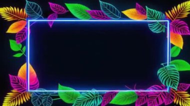 Siyah arka planda renkli yaprakları olan animasyon mavisi neon çerçeve.