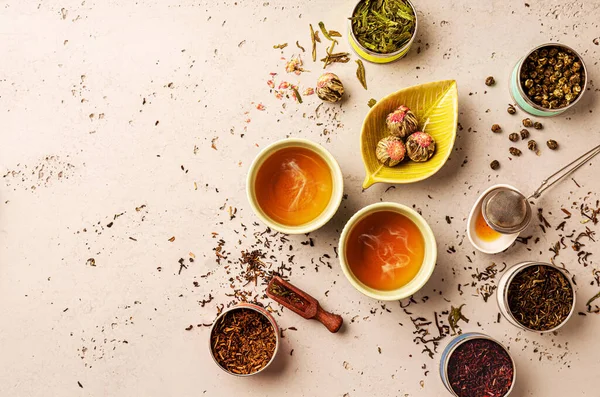 Various Types Tea Caddies Hot Brew Cups Captured Top View 图库图片