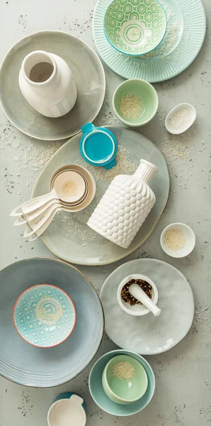 Collection Various Ceramic Pastel Coloured Dishes Kitchenware White Grey Green Royaltyfria Stockfoton