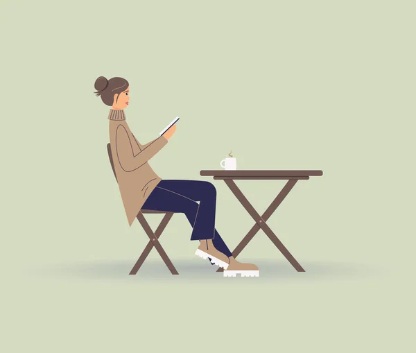 漂亮的女孩看书 坐在桌旁喝咖啡或茶 女人在午休 喝咖啡休息 从日常活动中休息 学生准备考试 — 图库矢量图片