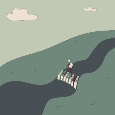 Kavram: Kitap bilginin kaynağıdır. Minik adam kitaplardan oluşan köprüden geçer. Hayattaki zorlukları ve engelleri aşmada yardımcı olarak kitap. El yapımı vektör