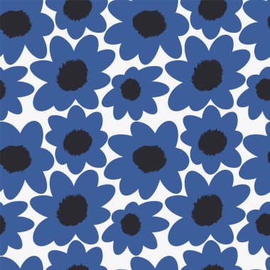 Beyaz arka planda kusursuz mavi çiçekli şirin desenler. Güzel çiçeklerle süslenmiş bitmeyen çiçek süsü. Kumaş, tekstil, keten, örtüler, ambalaj, dekupaj için renkli arkaplan.